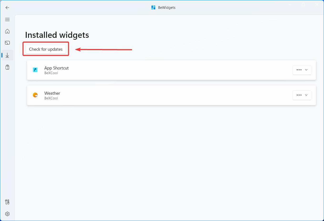 BeWidgets - Installed widgets page with check for update