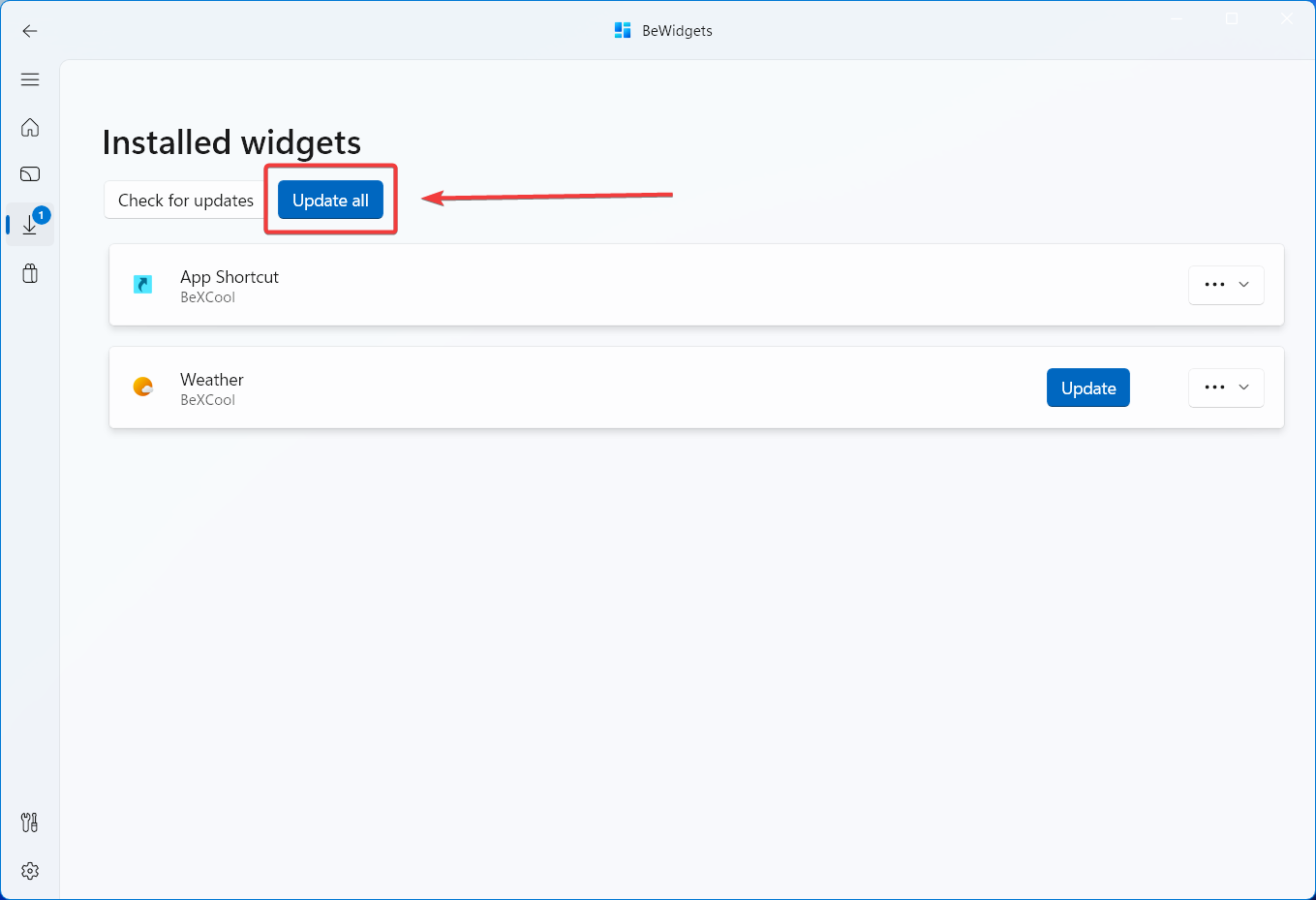 BeWidgets - Installed widgets page with update