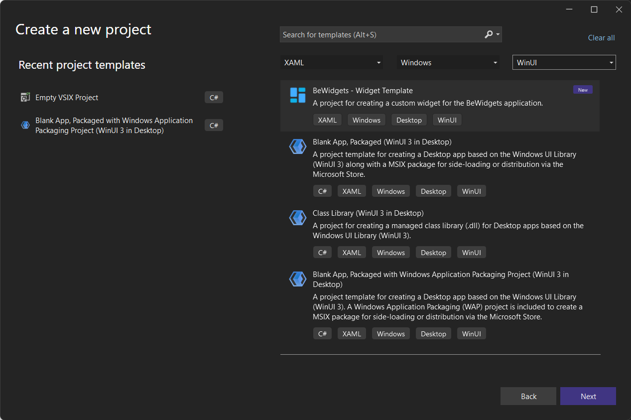 VS Create new project - Filter
